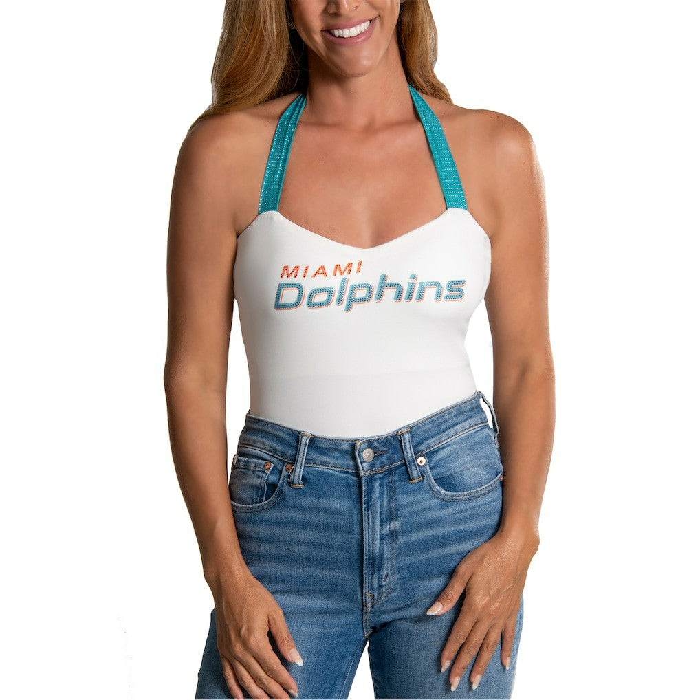 Miami Dolphins Cuce Women's Rhinestone Semi-Cropped Halter Tank White - NFL