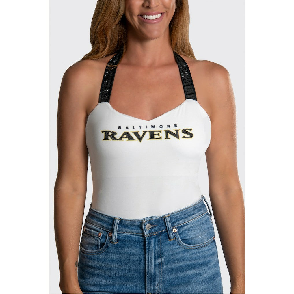 Baltimore Ravens Cuce Women's Rhinestone Semi-Cropped Halter Tank White - NFL