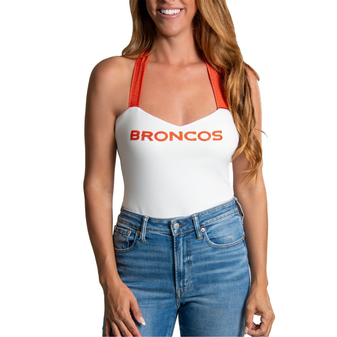 Denver Broncos Cuce Women's Rhinestone Semi-Cropped Halter Tank White - NFL