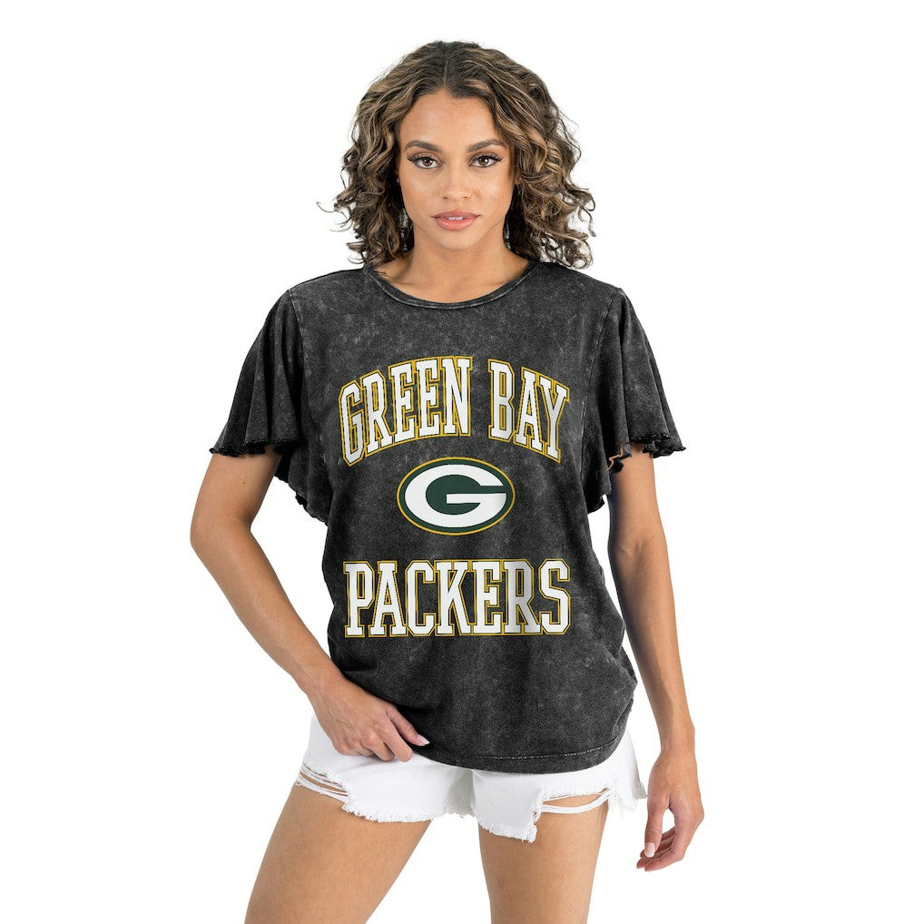 Green Bay Packers Gameday Couture Women's Relaxed Flutter Sleeve T-Shirt Black - NFL