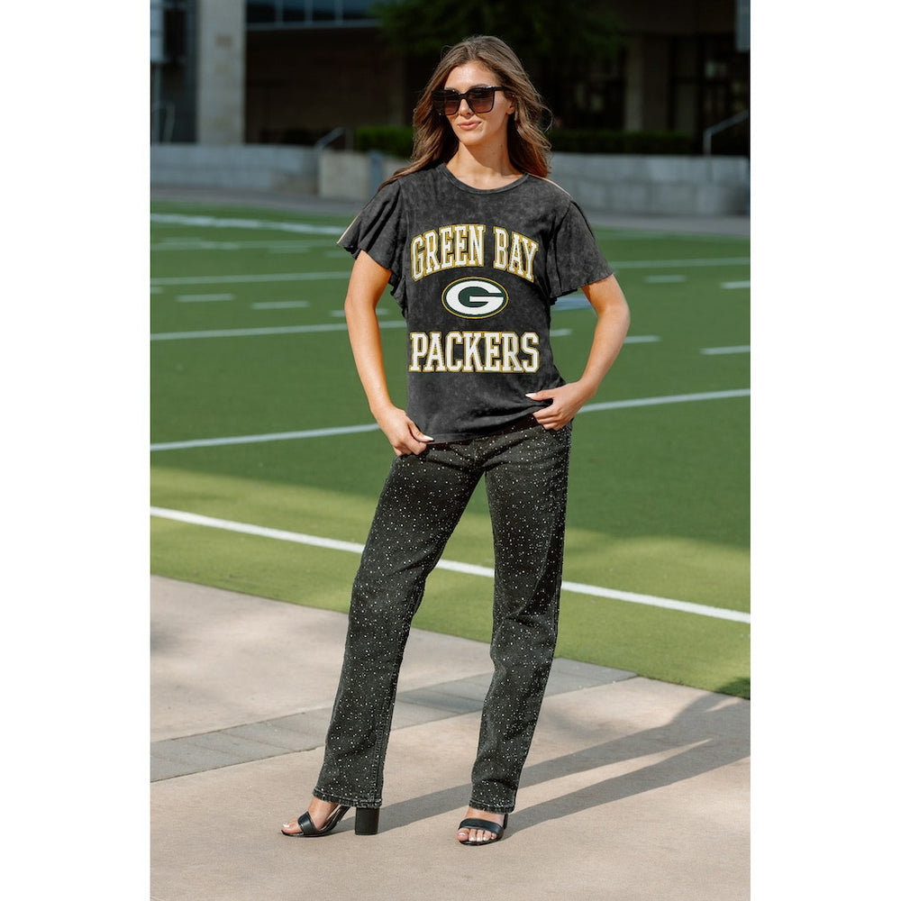 Green Bay Packers Gameday Couture Women's Relaxed Flutter Sleeve T-Shirt Black - NFL