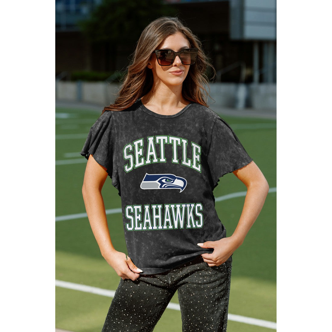 Seattle Seahawks Gameday Couture Women's Relaxed Flutter Sleeve T-Shirt Black - NFL