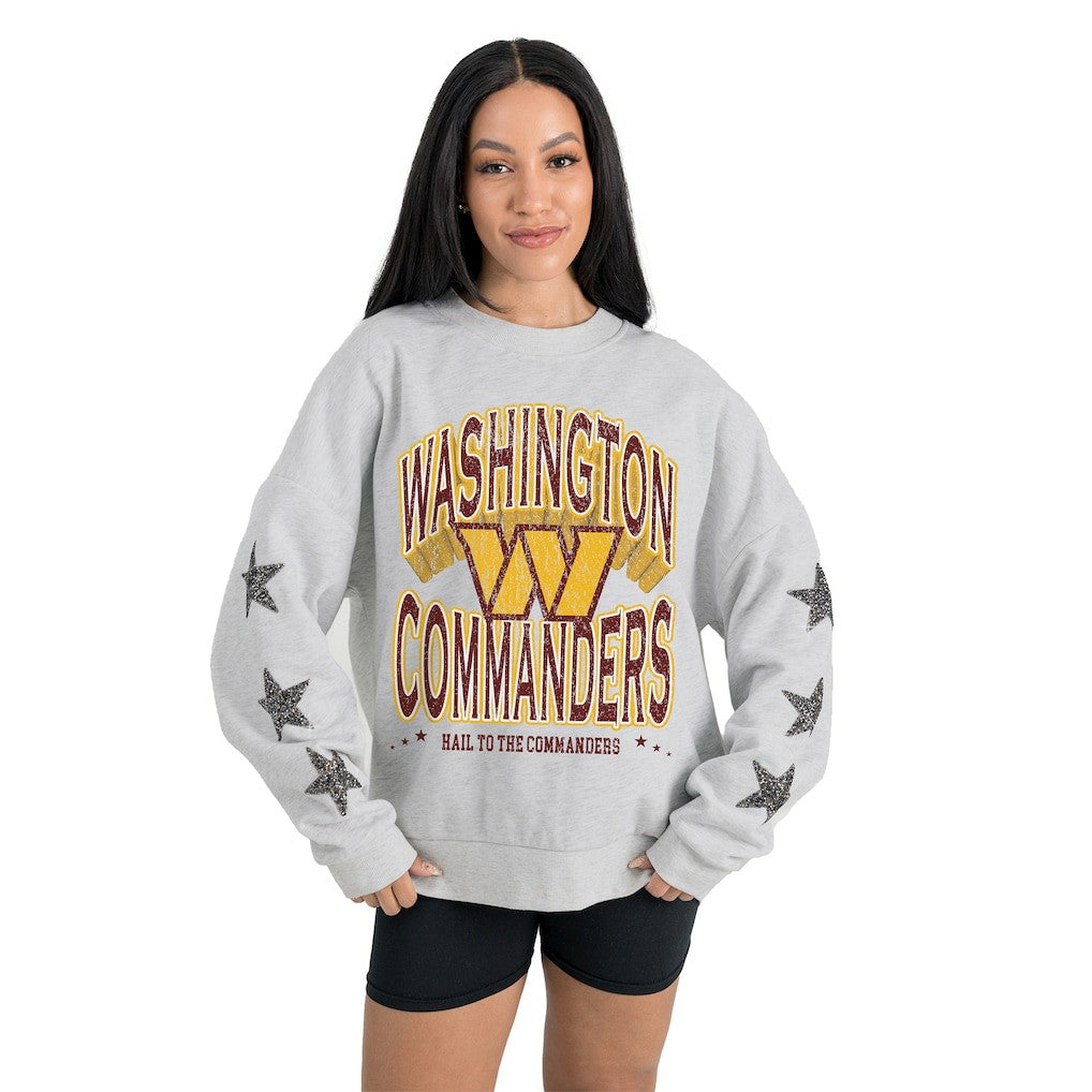 Washington Commanders Gameday Couture Women's Resilience Relaxed Rhinestone Pullover Sweatshirt Ash - NFL