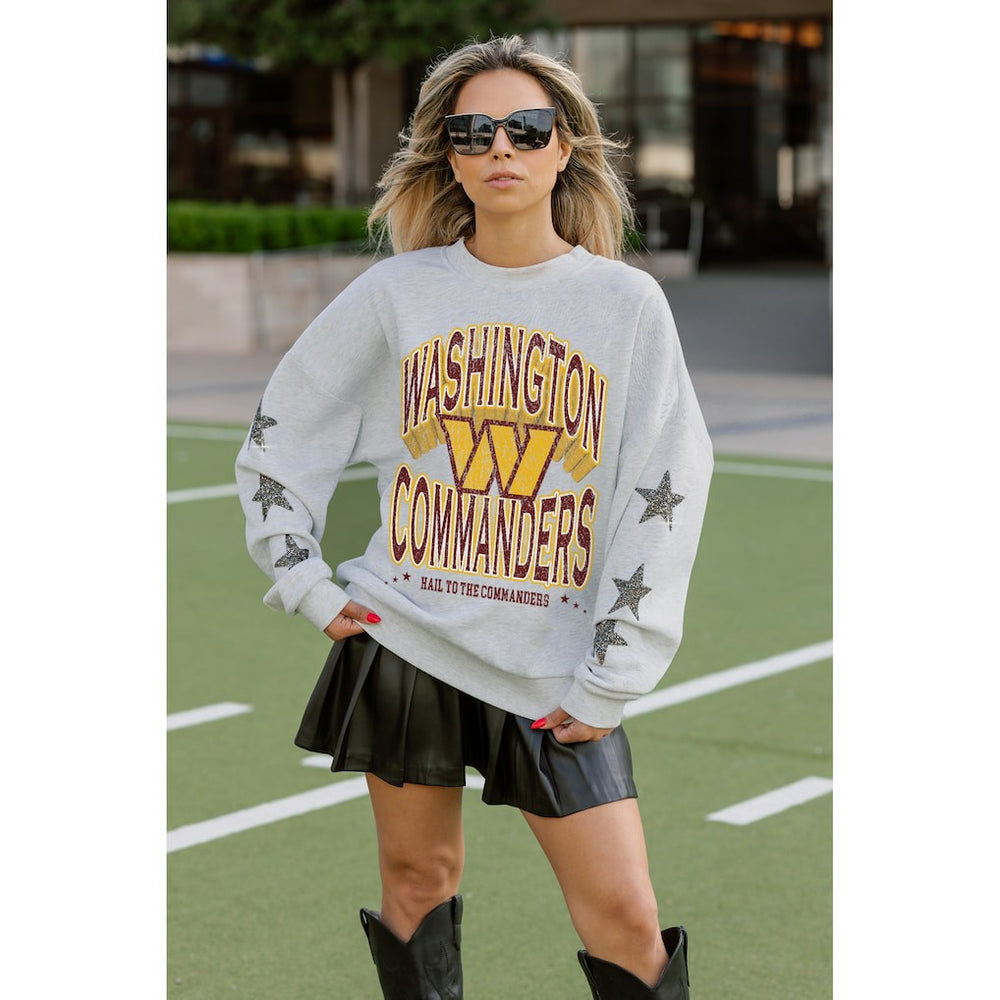 Washington Commanders Gameday Couture Women's Resilience Relaxed Rhinestone Pullover Sweatshirt Ash - NFL