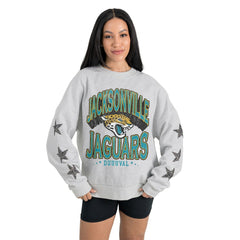 Jacksonville Jaguars Gameday Couture Women's Resilience Relaxed Rhinestone Pullover Sweatshirt Ash - NFL