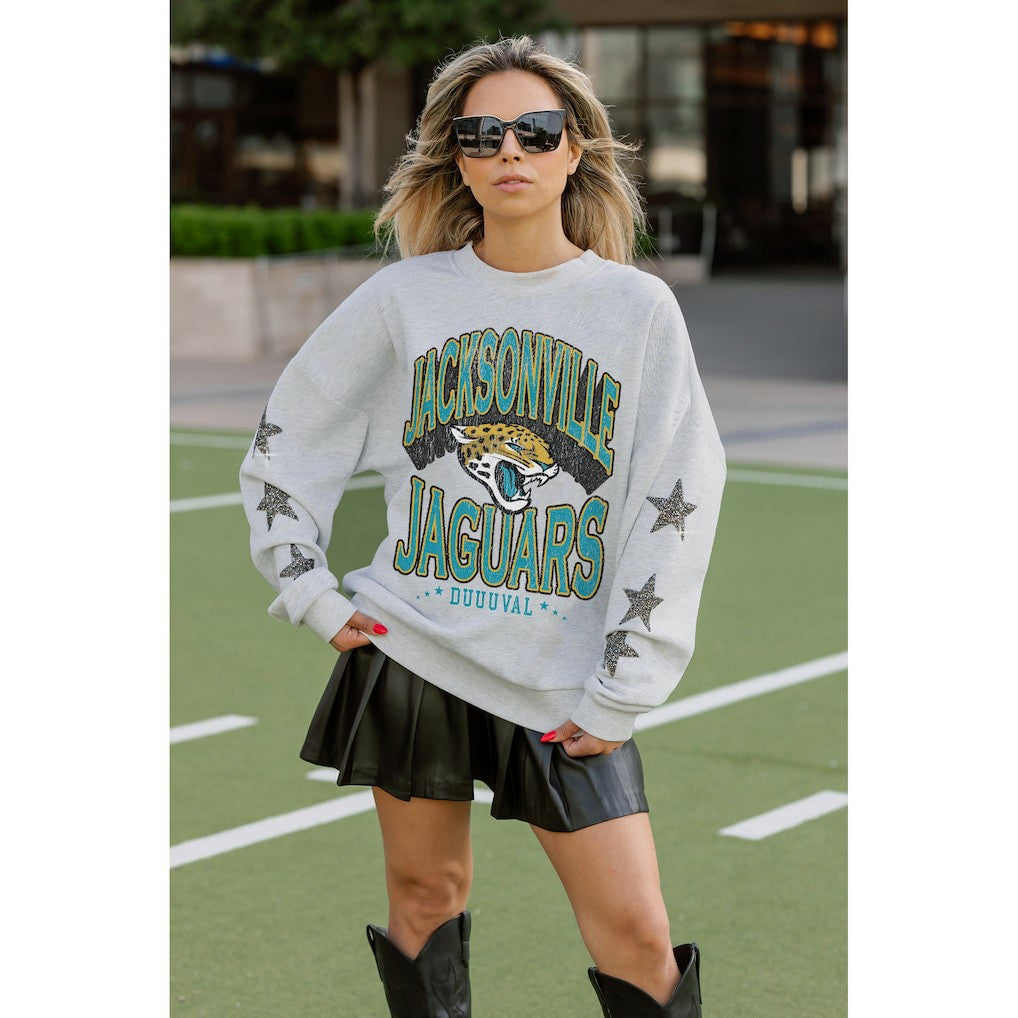 Jacksonville Jaguars Gameday Couture Women's Resilience Relaxed Rhinestone Pullover Sweatshirt Ash - NFL