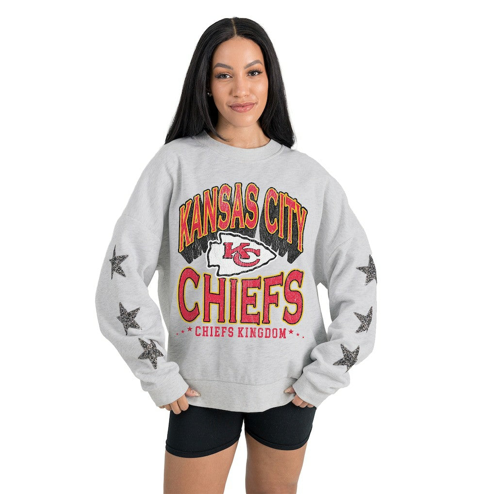 Kansas City Chiefs Gameday Couture Women's Resilience Relaxed Rhinestone Pullover Sweatshirt Ash - NFL
