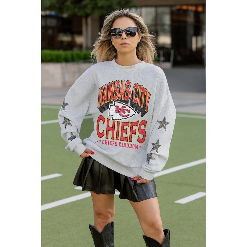 Kansas City Chiefs Gameday Couture Women's Resilience Relaxed Rhinestone Pullover Sweatshirt Ash - NFL