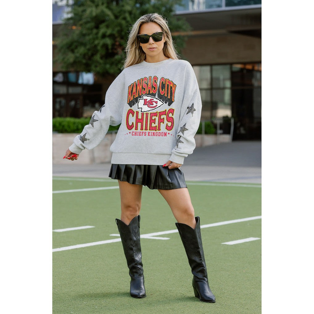 Kansas City Chiefs Gameday Couture Women's Resilience Relaxed Rhinestone Pullover Sweatshirt Ash - NFL