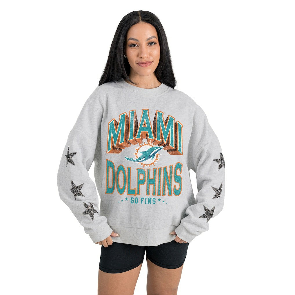 Miami Dolphins Gameday Couture Women's Resilience Relaxed Rhinestone Pullover Sweatshirt Ash - NFL