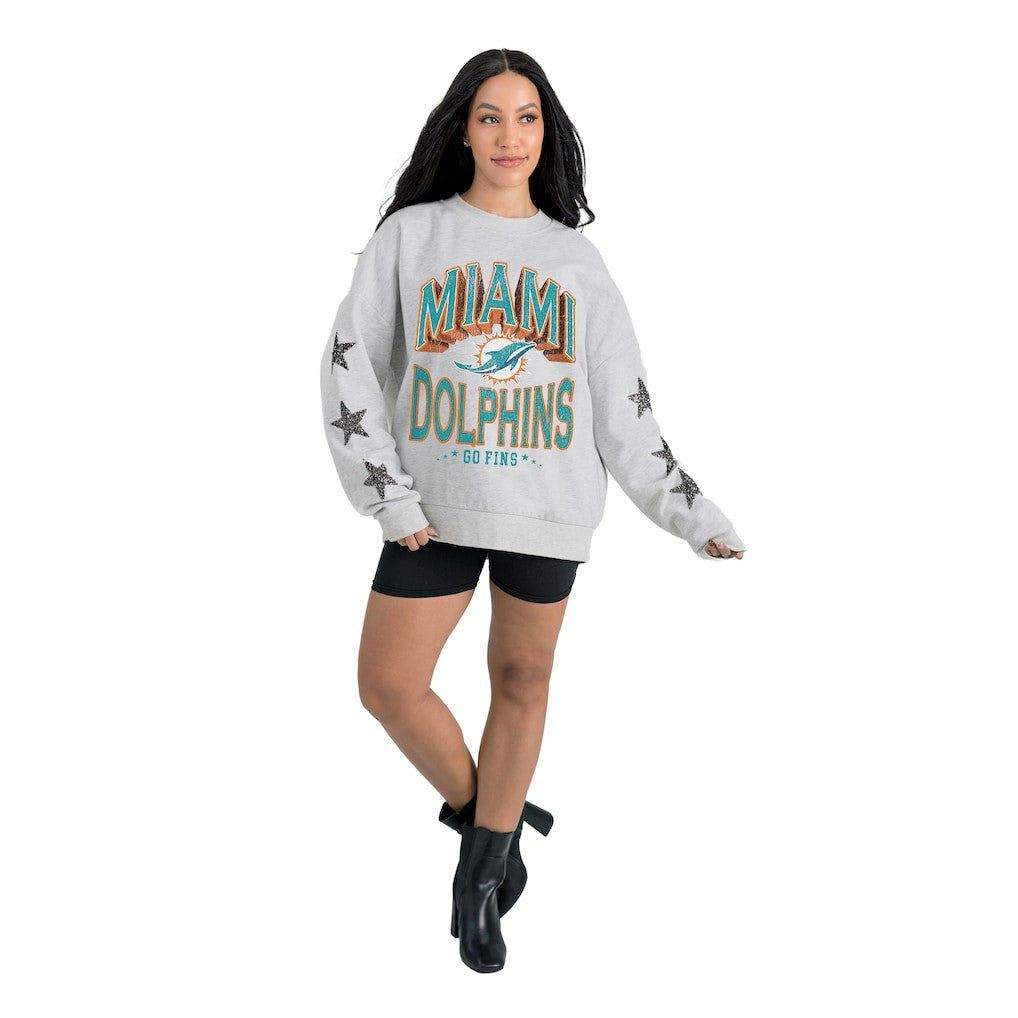Miami Dolphins Gameday Couture Women's Resilience Relaxed Rhinestone Pullover Sweatshirt Ash - NFL