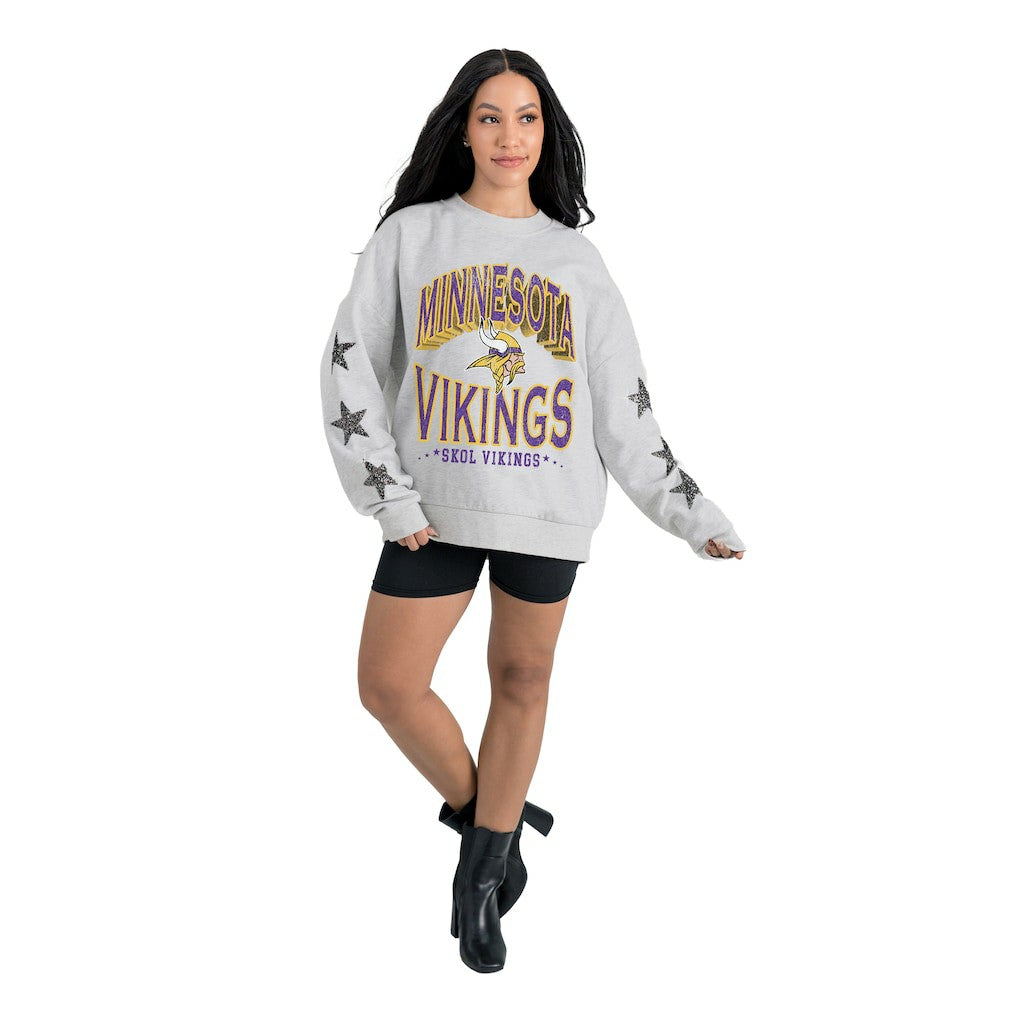 Minnesota Vikings Gameday Couture Women's Resilience Relaxed Rhinestone Pullover Sweatshirt Ash - NFL