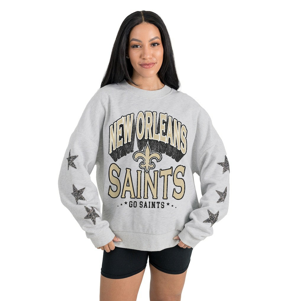 New Orleans Saints Gameday Couture Women's Resilience Relaxed Rhinestone Pullover Sweatshirt Ash - NFL