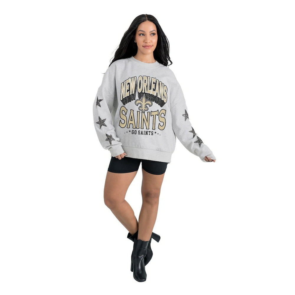 New Orleans Saints Gameday Couture Women's Resilience Relaxed Rhinestone Pullover Sweatshirt Ash - NFL