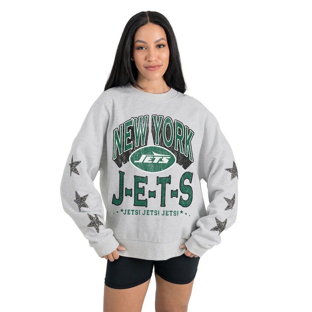 New York Jets Gameday Couture Women's Resilience Relaxed Rhinestone Pullover Sweatshirt Ash - NFL