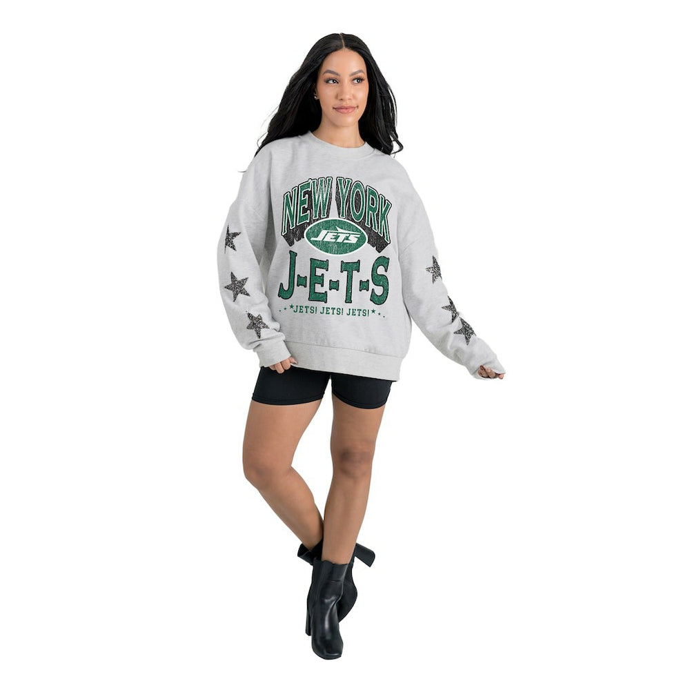 New York Jets Gameday Couture Women's Resilience Relaxed Rhinestone Pullover Sweatshirt Ash - NFL