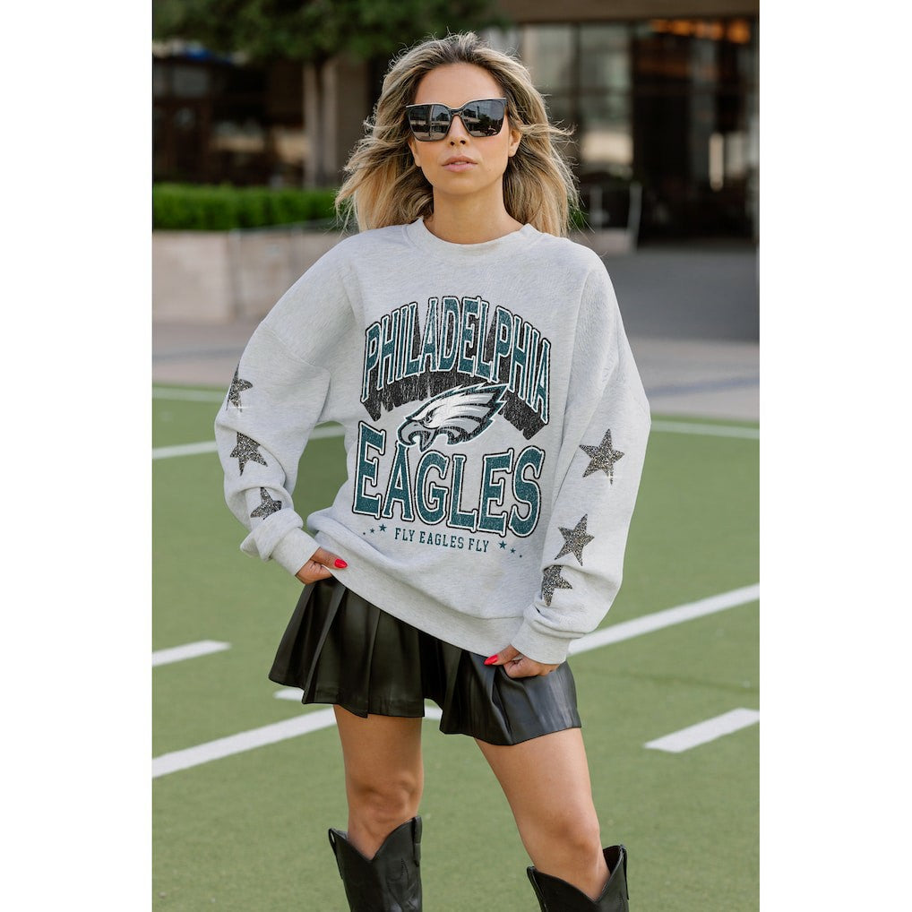 Philadelphia Eagles Gameday Couture Women's Resilience Relaxed Rhinestone Pullover Sweatshirt Ash - NFL