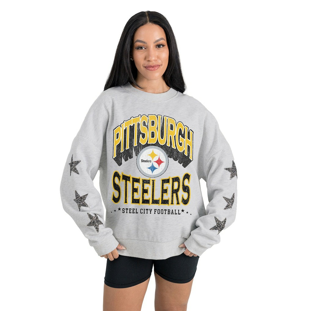 Pittsburgh Steelers Gameday Couture Women's Resilience Relaxed Rhinestone Pullover Sweatshirt Ash - NFL