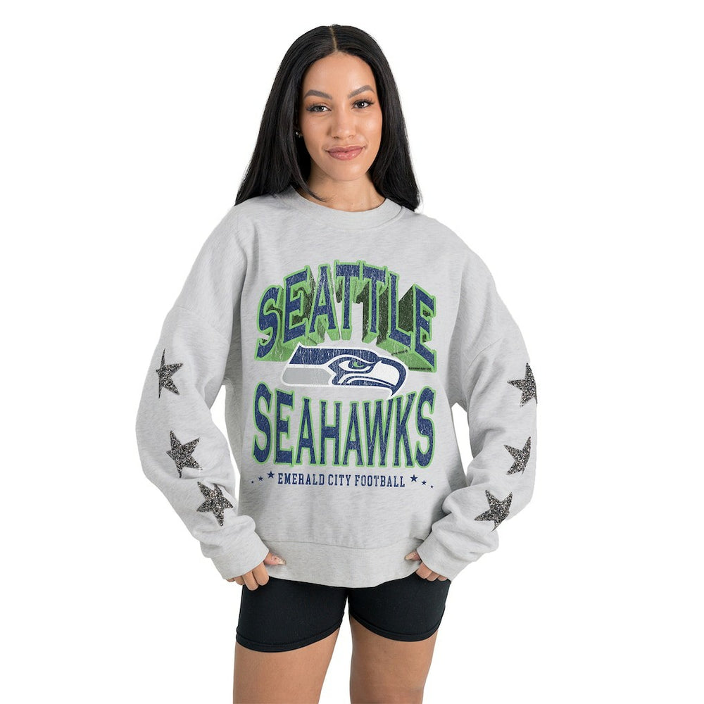 Seattle Seahawks Gameday Couture Women's Resilience Relaxed Rhinestone Pullover Sweatshirt Ash - NFL