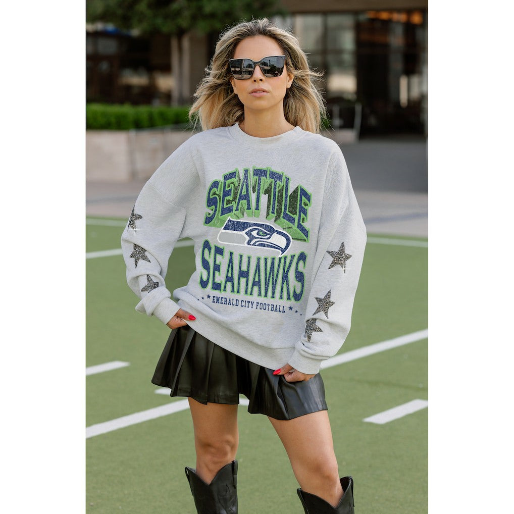 Seattle Seahawks Gameday Couture Women's Resilience Relaxed Rhinestone Pullover Sweatshirt Ash - NFL