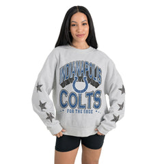 Indianapolis Colts Gameday Couture Women's Resilience Relaxed Rhinestone Pullover Sweatshirt Ash - NFL