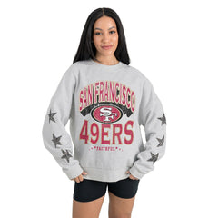 San Francisco 49ers Gameday Couture Women's Resilience Relaxed Rhinestone Pullover Sweatshirt Ash - NFL
