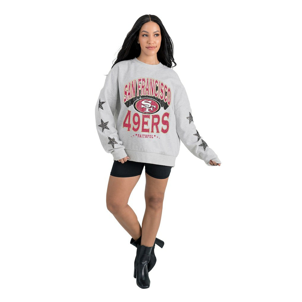 San Francisco 49ers Gameday Couture Women's Resilience Relaxed Rhinestone Pullover Sweatshirt Ash - NFL