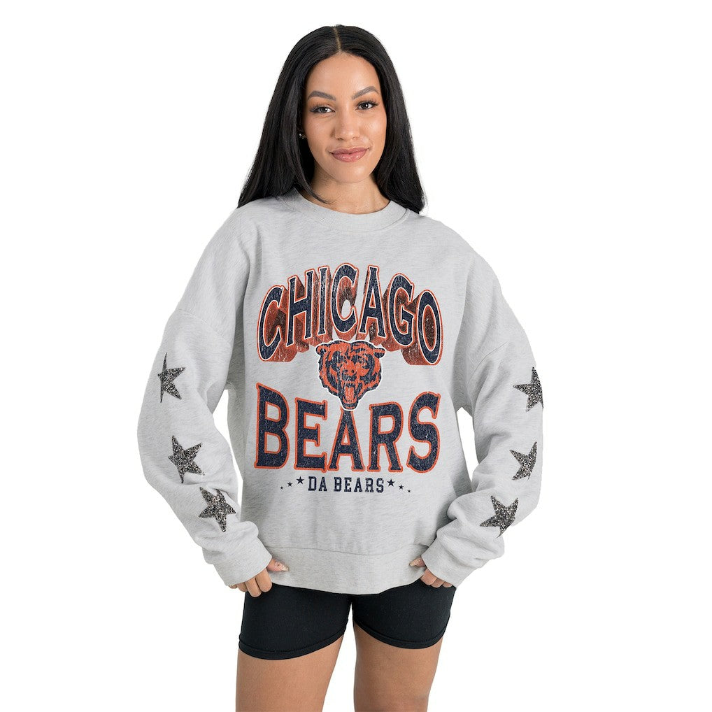 Chicago Bears Gameday Couture Women's Resilience Relaxed Rhinestone Pullover Sweatshirt Ash - NFL