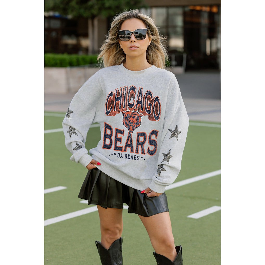 Chicago Bears Gameday Couture Women's Resilience Relaxed Rhinestone Pullover Sweatshirt Ash - NFL