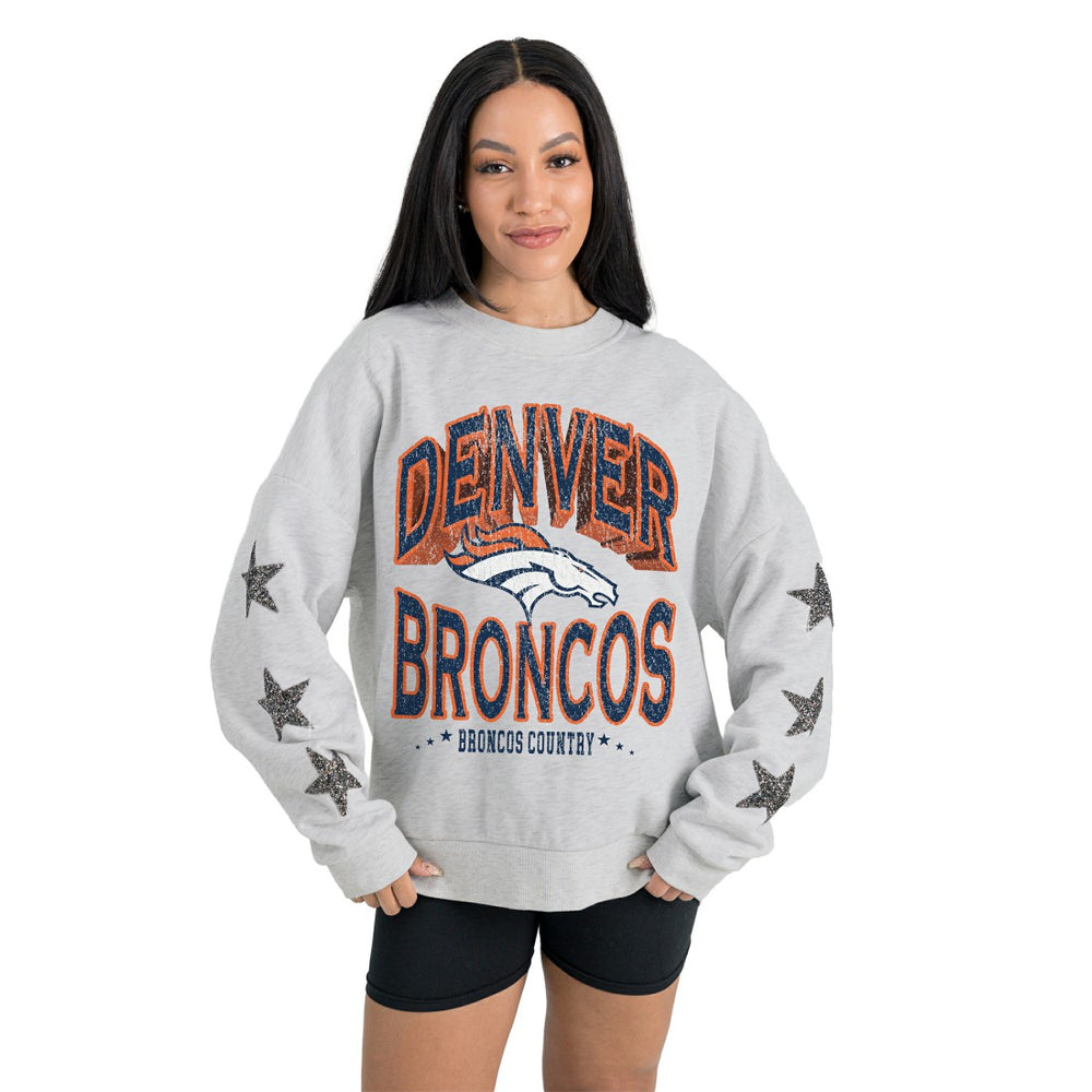 Denver Broncos Gameday Couture Women's Resilience Relaxed Rhinestone Pullover Sweatshirt Ash - NFL
