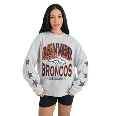 Denver Broncos Gameday Couture Women's Resilience Relaxed Rhinestone Pullover Sweatshirt Ash - NFL