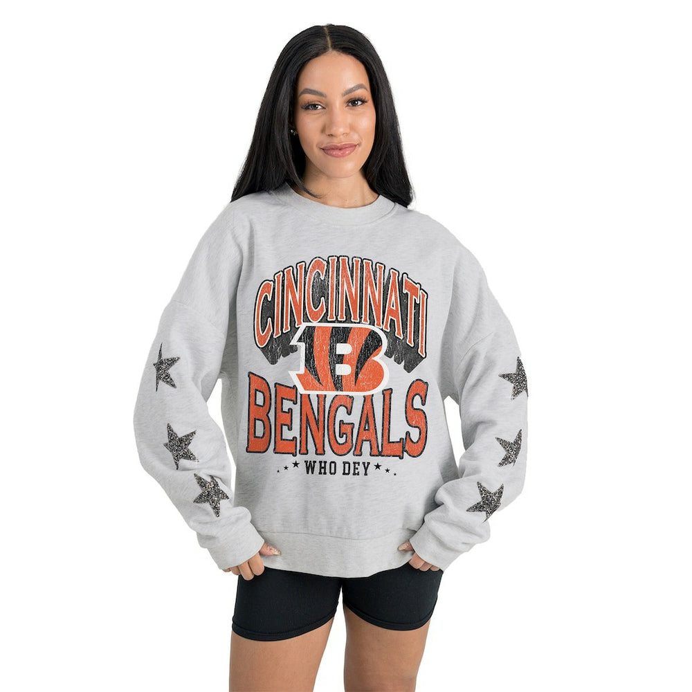 Cincinnati Bengals Gameday Couture Women's Resilience Relaxed Rhinestone Pullover Sweatshirt Ash - NFL
