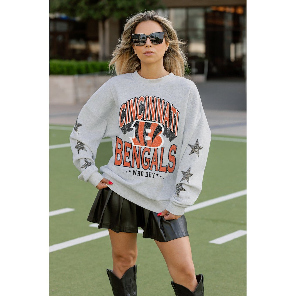 Cincinnati Bengals Gameday Couture Women's Resilience Relaxed Rhinestone Pullover Sweatshirt Ash - NFL