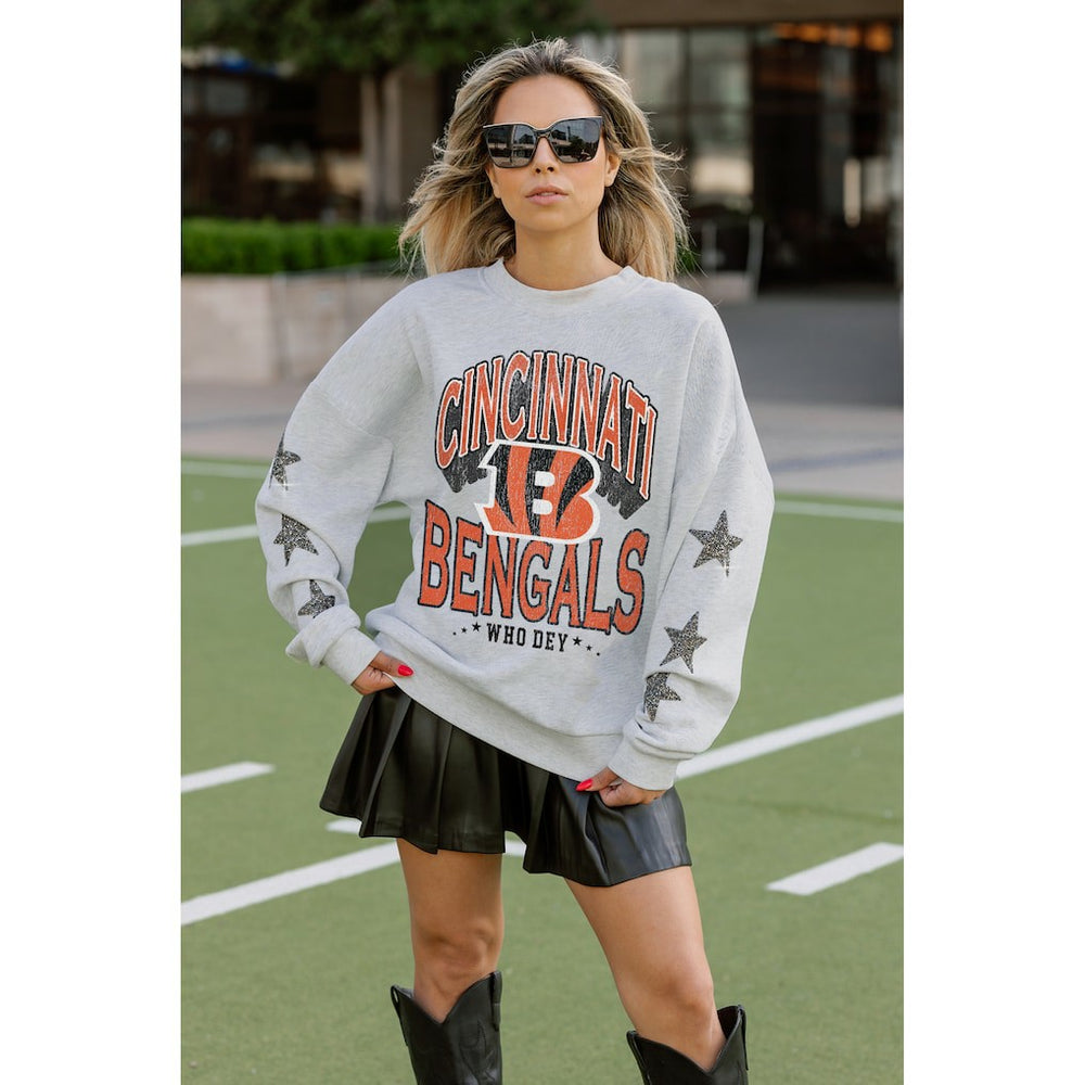 Cincinnati Bengals Gameday Couture Women's Resilience Relaxed Rhinestone Pullover Sweatshirt Ash - NFL