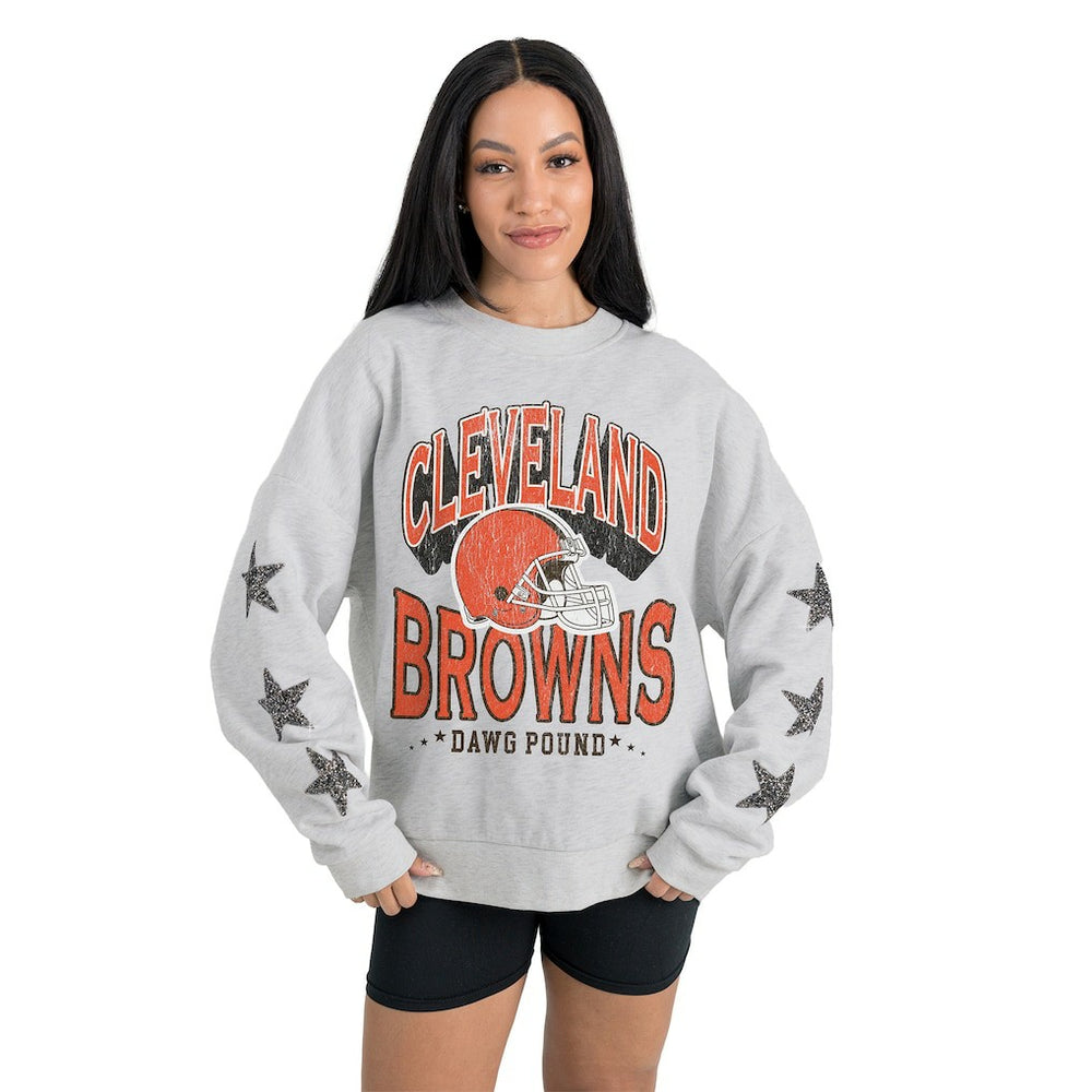 Cleveland Browns Gameday Couture Women's Resilience Relaxed Rhinestone Pullover Sweatshirt Ash - NFL
