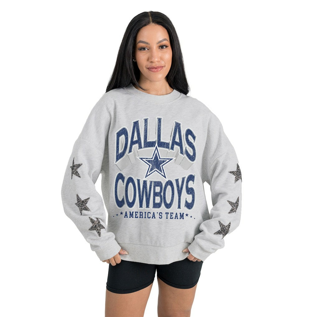 Dallas Cowboys Gameday Couture Women's Resilience Relaxed Rhinestone Pullover Sweatshirt Ash - NFL