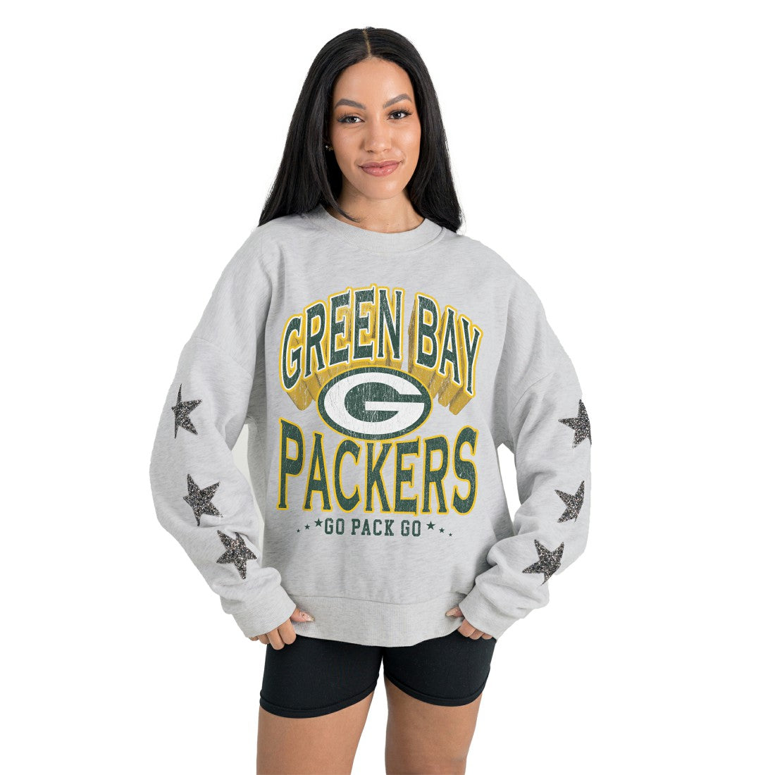 Green Bay Packers Gameday Couture Women's Resilience Relaxed Rhinestone Pullover Sweatshirt Ash - NFL