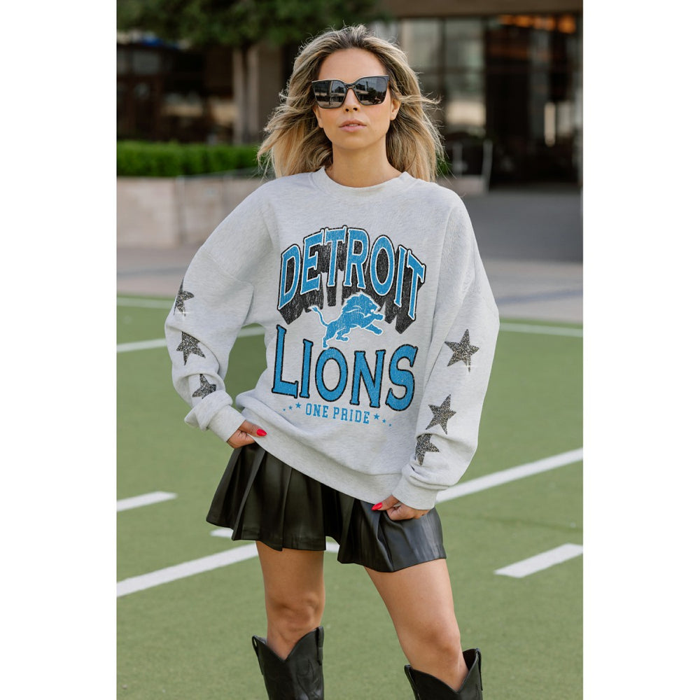Detroit Lions Gameday Couture Women's Resilience Relaxed Rhinestone Pullover Sweatshirt Ash - NFL