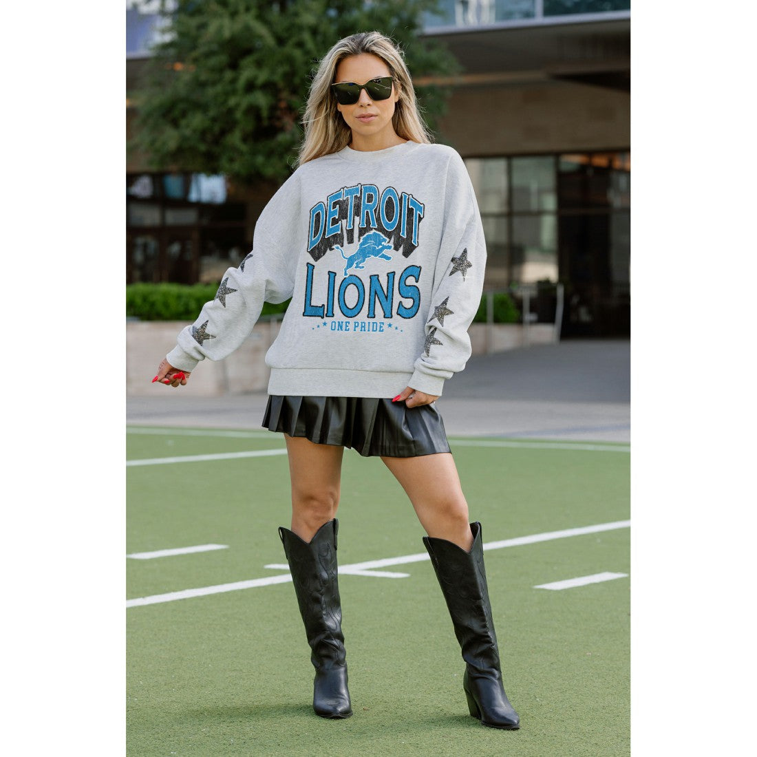 Detroit Lions Gameday Couture Women's Resilience Relaxed Rhinestone Pullover Sweatshirt Ash - NFL
