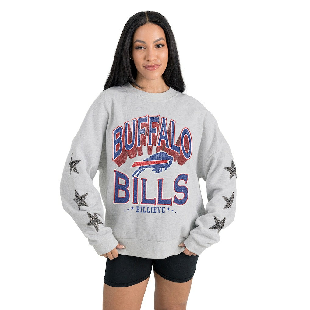 Buffalo Bills Gameday Couture Women's Resilience Relaxed Rhinestone Pullover Sweatshirt Ash - NFL