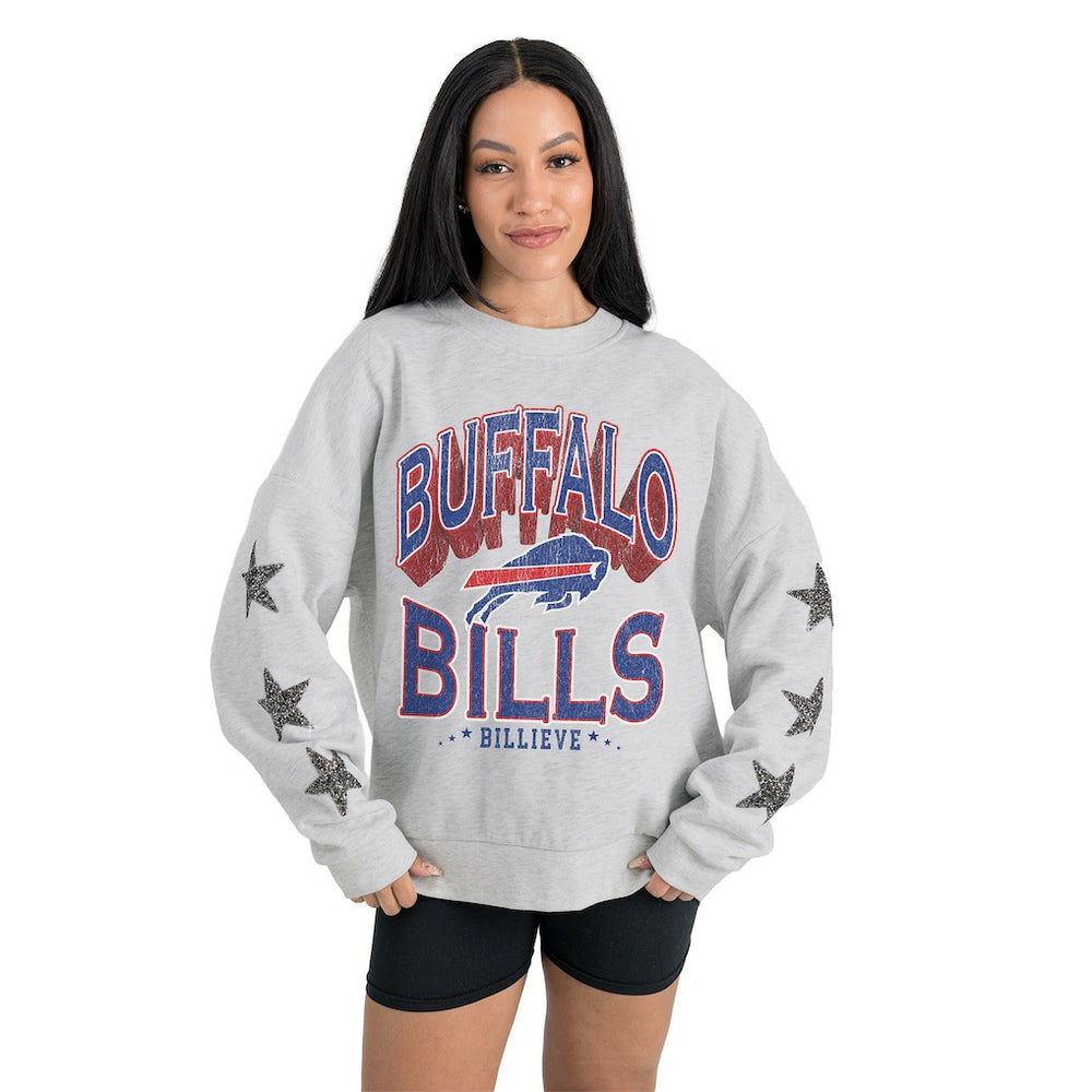 Buffalo Bills Gameday Couture Women's Resilience Relaxed Rhinestone Pullover Sweatshirt Ash - NFL