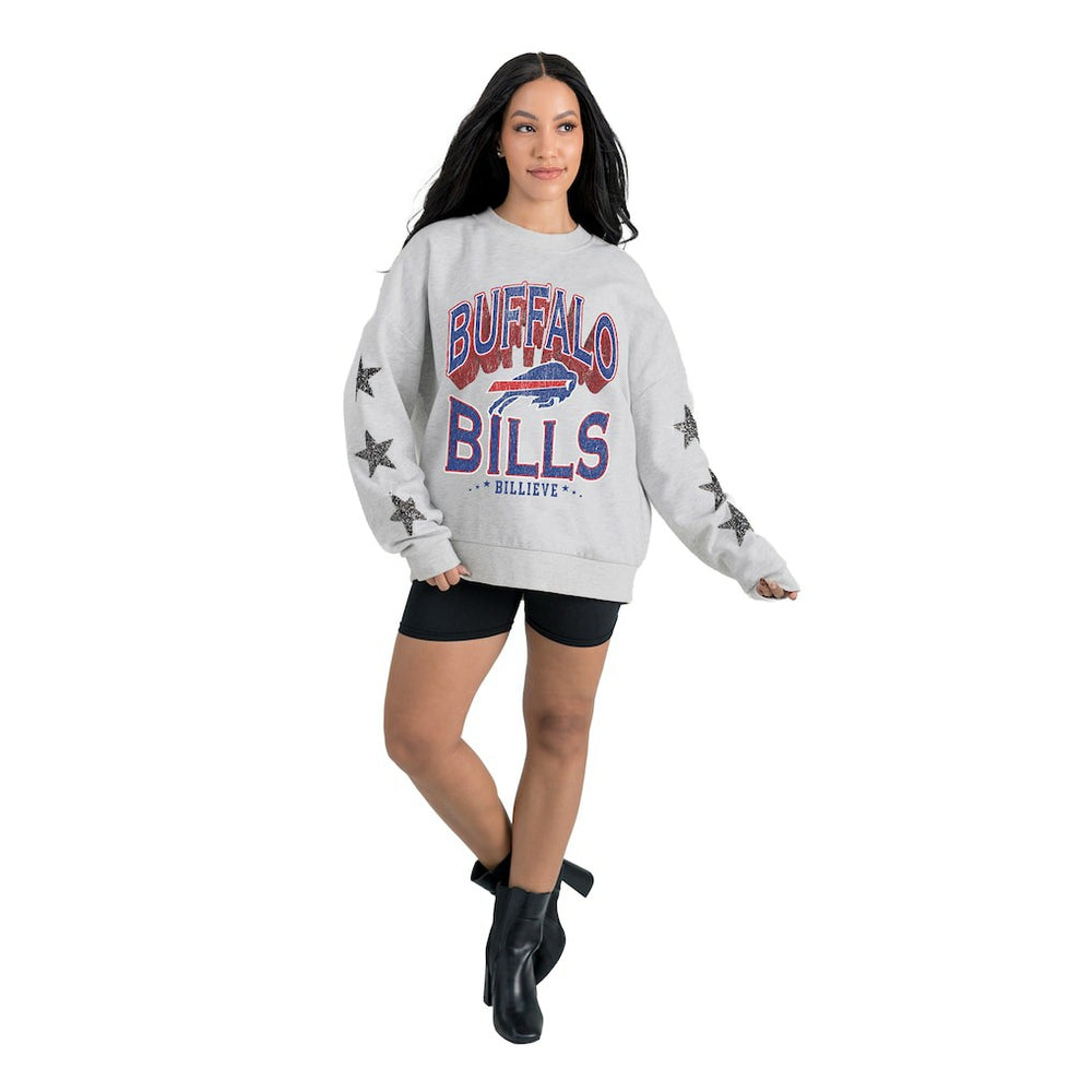 Buffalo Bills Gameday Couture Women's Resilience Relaxed Rhinestone Pullover Sweatshirt Ash - NFL