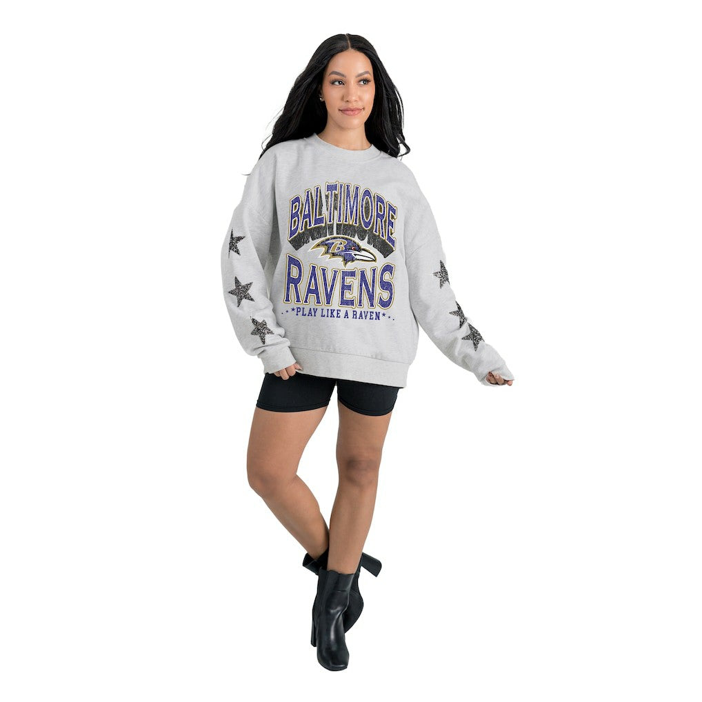 Baltimore Ravens Gameday Couture Women's Resilience Relaxed Rhinestone Pullover Sweatshirt Ash - NFL