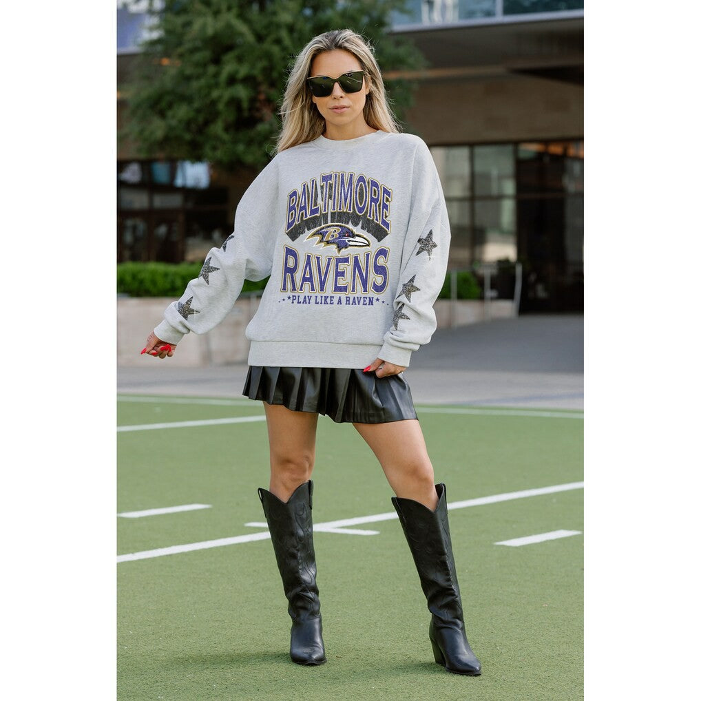Baltimore Ravens Gameday Couture Women's Resilience Relaxed Rhinestone Pullover Sweatshirt Ash - NFL