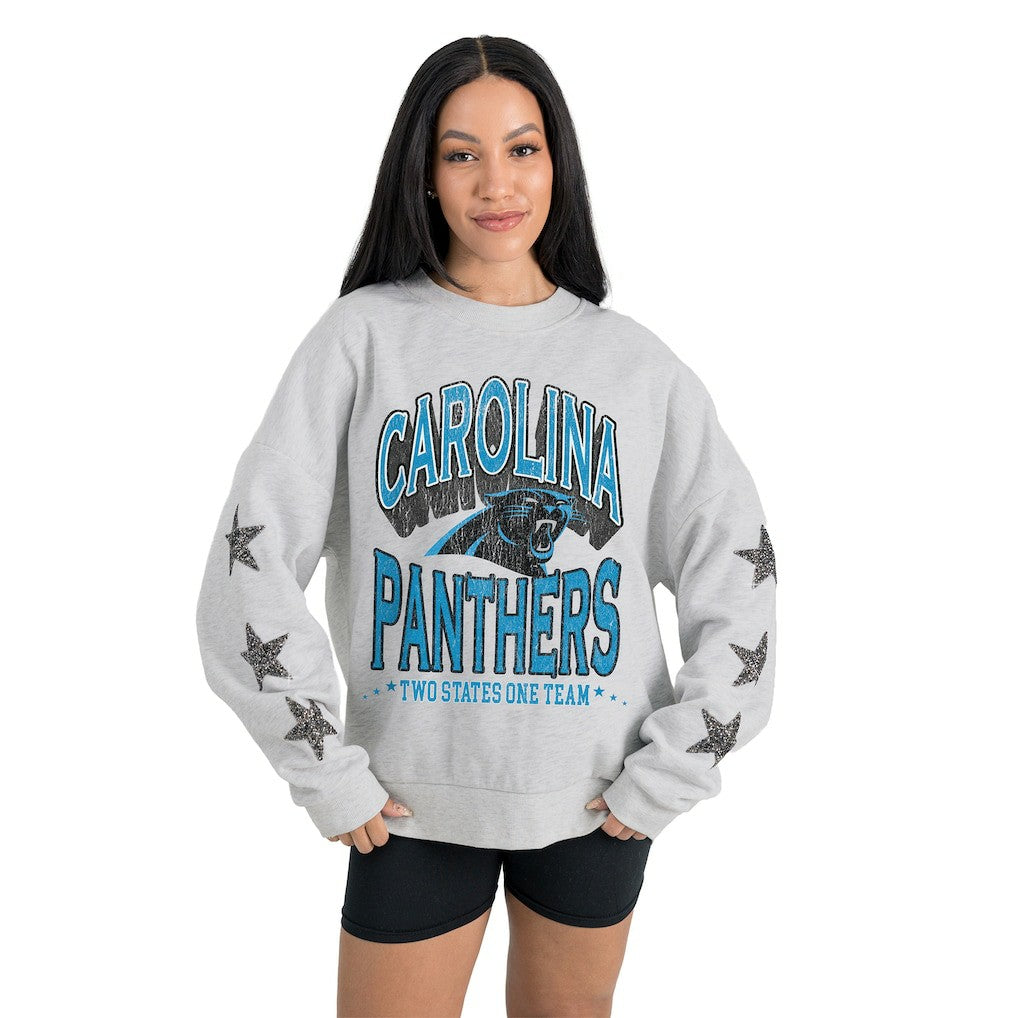 Carolina Panthers Gameday Couture Women's Resilience Relaxed Rhinestone Pullover Sweatshirt Ash - NFL