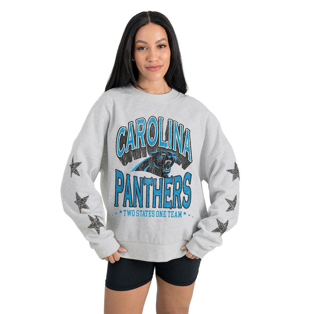 Carolina Panthers Gameday Couture Women's Resilience Relaxed Rhinestone Pullover Sweatshirt Ash - NFL