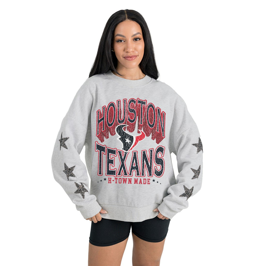 Houston Texans Gameday Couture Women's Resilience Relaxed Rhinestone Pullover Sweatshirt Ash - NFL