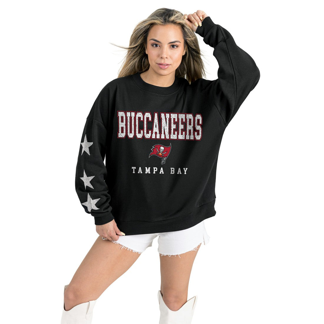 Tampa Bay Buccaneers Gameday Couture Women's Velocity Relaxed Rhinestone Pullover Sweatshirt Black - NFL