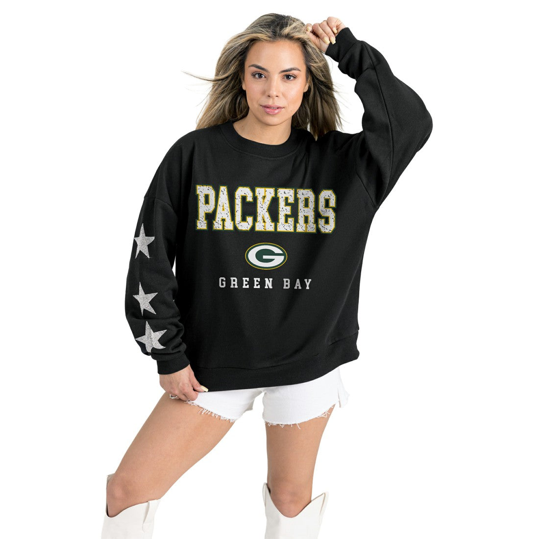 Green Bay Packers Gameday Couture Women's Velocity Relaxed Rhinestone Pullover Sweatshirt Black - NFL