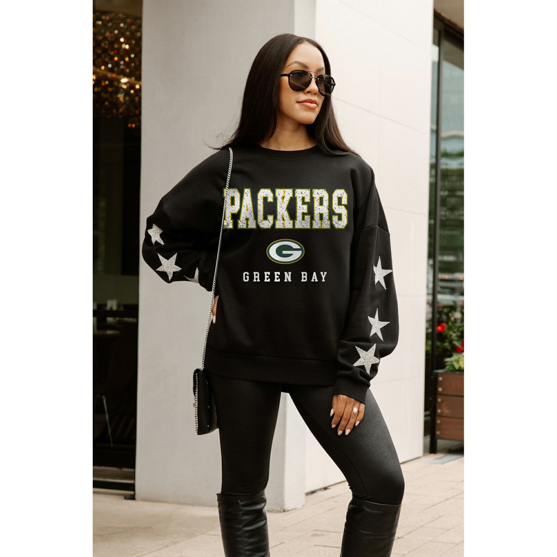 Green Bay Packers Gameday Couture Women's Velocity Relaxed Rhinestone Pullover Sweatshirt Black - NFL
